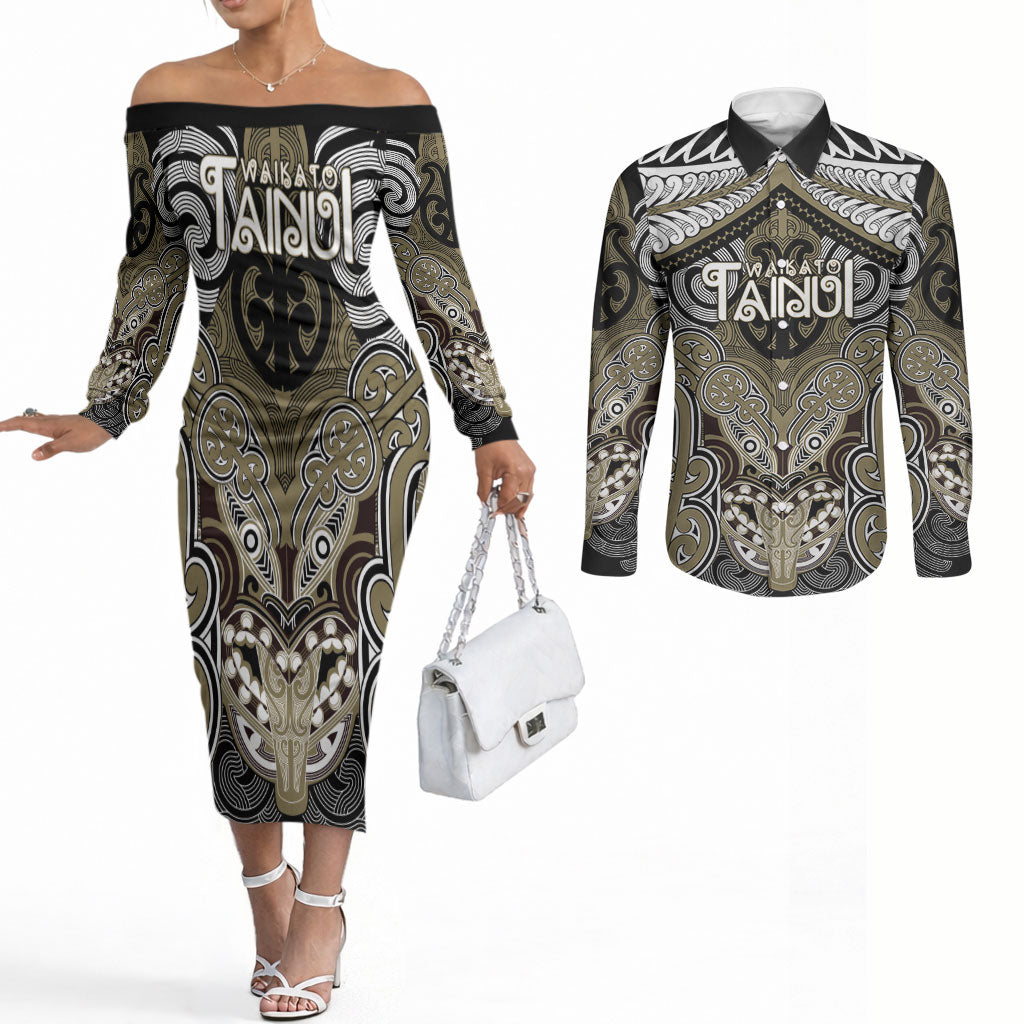 Aotearoa Iwi Waikato Tainui Personalised Couples Matching Off The Shoulder Long Sleeve Dress and Long Sleeve Button Shirt Maori Kowhaiwhai Pattern LT19 Dark Yellow - Polynesian Pride