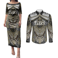 Aotearoa Iwi Waikato Tainui Personalised Couples Matching Puletasi and Long Sleeve Button Shirt Maori Kowhaiwhai Pattern LT19 Dark Yellow - Polynesian Pride