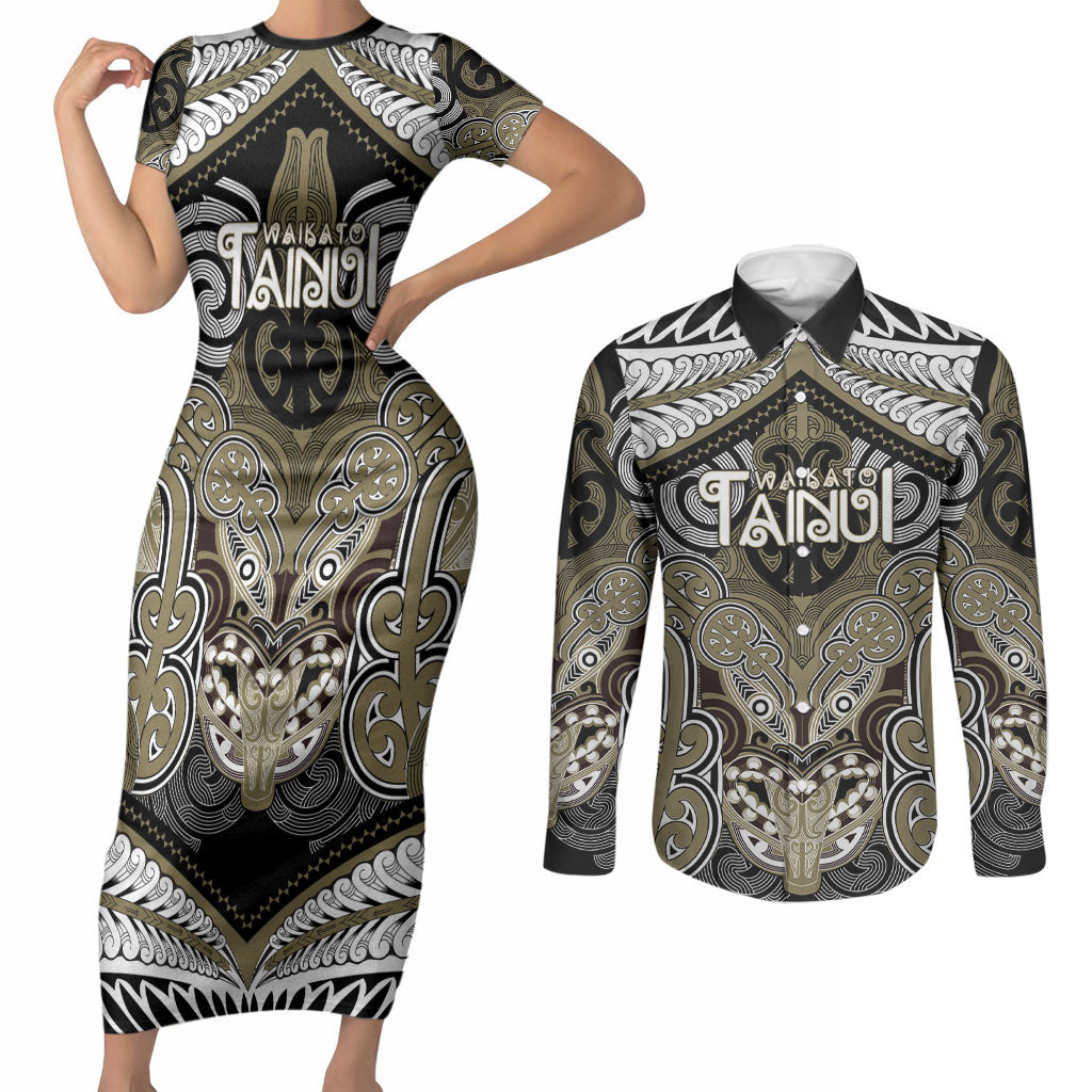 Aotearoa Iwi Waikato Tainui Personalised Couples Matching Short Sleeve Bodycon Dress and Long Sleeve Button Shirt Maori Kowhaiwhai Pattern LT19 Dark Yellow - Polynesian Pride