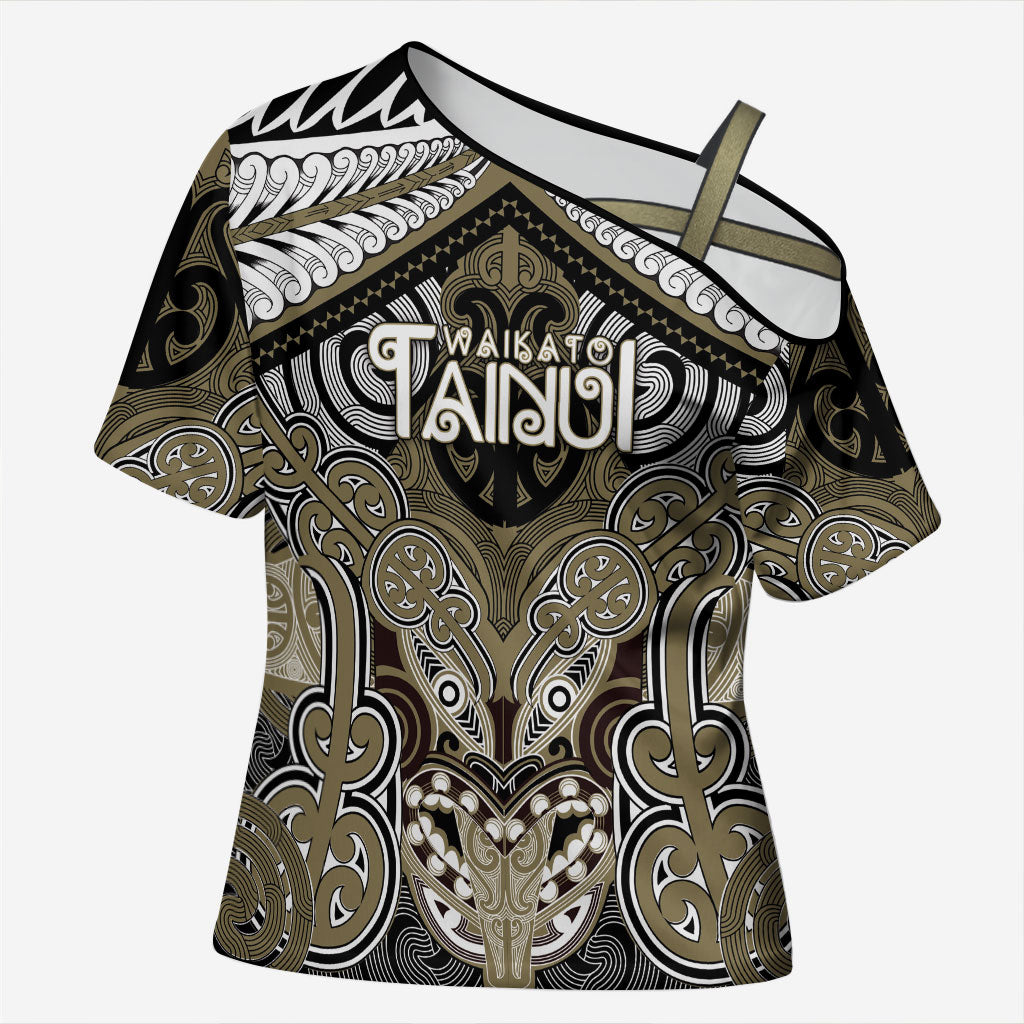 Aotearoa Iwi Waikato Tainui Personalised Cross Shoulder Shirt Maori Kowhaiwhai Pattern LT19 Female Dark Yellow - Polynesian Pride