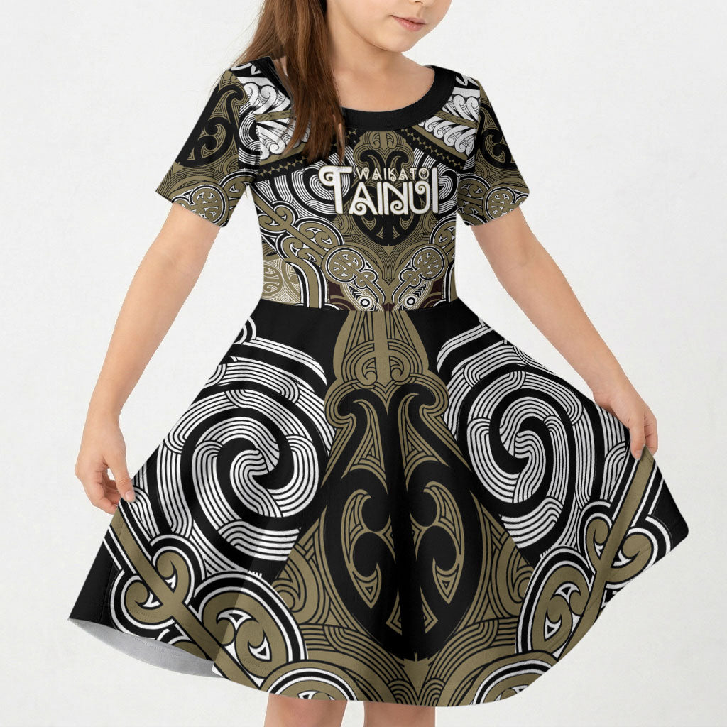 Aotearoa Iwi Waikato Tainui Personalised Kid Short Sleeve Dress Maori Kowhaiwhai Pattern LT19 KID Dark Yellow - Polynesian Pride