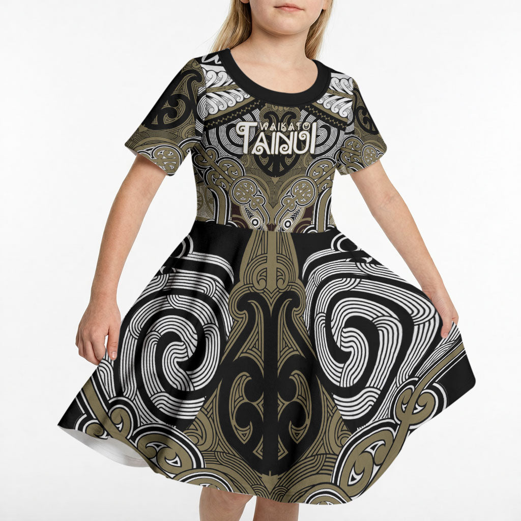 Aotearoa Iwi Waikato Tainui Personalised Kid Short Sleeve Dress Maori Kowhaiwhai Pattern LT19 - Polynesian Pride