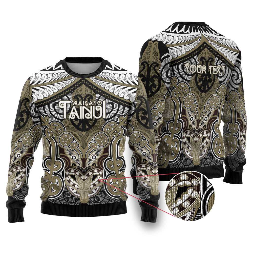 Aotearoa Iwi Waikato Tainui Personalised Ugly Christmas Sweater Maori Kowhaiwhai Pattern LT19 Dark Yellow - Polynesian Pride