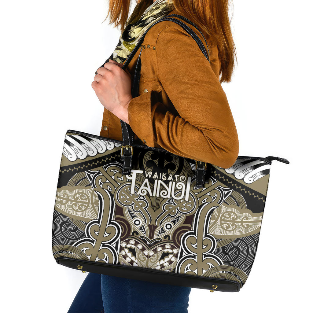 Aotearoa Iwi Waikato Tainui Leather Tote Bag Maori Kowhaiwhai Pattern LT19 Dark Yellow - Polynesian Pride