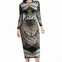 Aotearoa Iwi Waikato Tainui Personalised Long Sleeve Bodycon Dress Maori Kowhaiwhai Pattern LT19 Long Dress Dark Yellow - Polynesian Pride