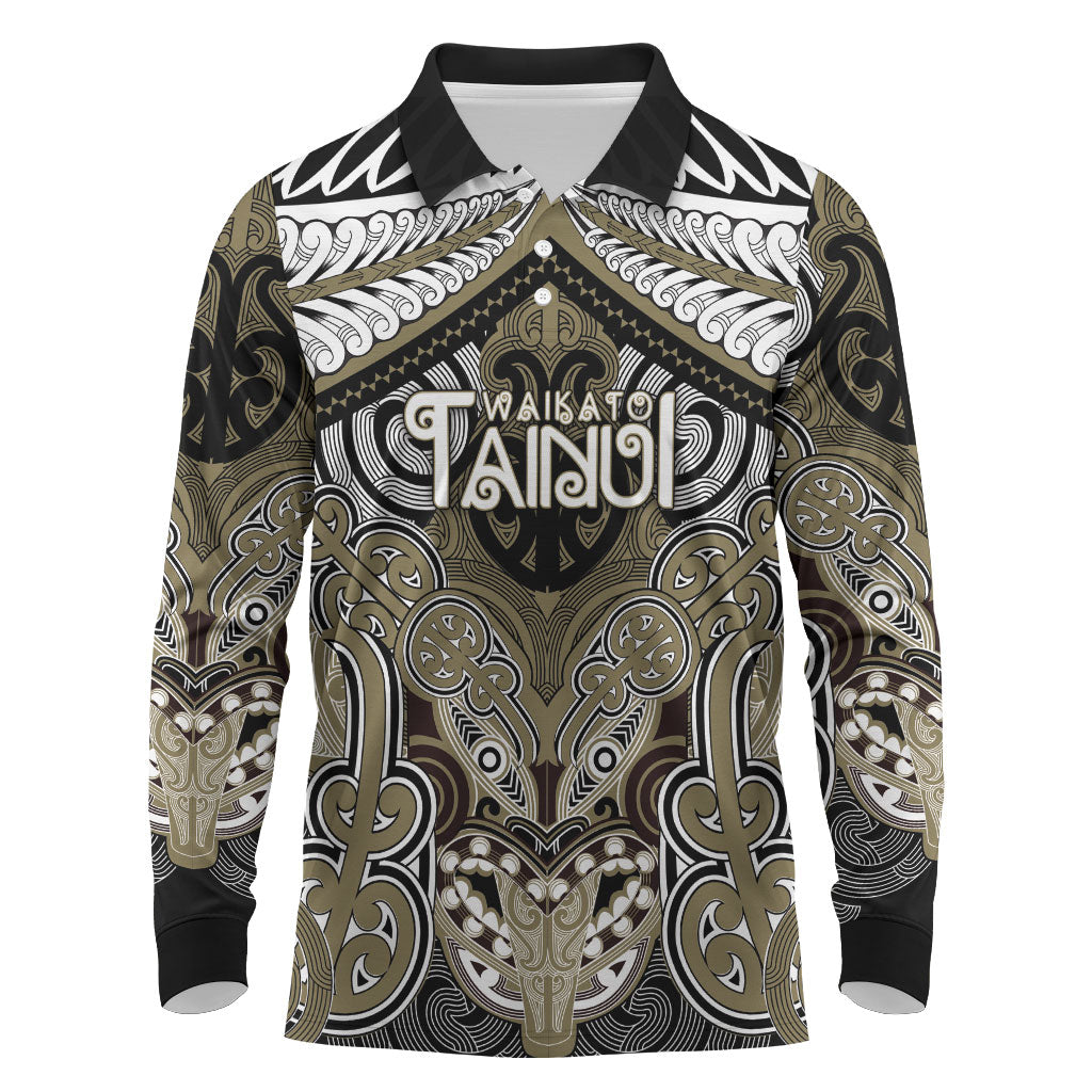 Aotearoa Iwi Waikato Tainui Personalised Long Sleeve Polo Shirt Maori Kowhaiwhai Pattern LT19 Dark Yellow - Polynesian Pride