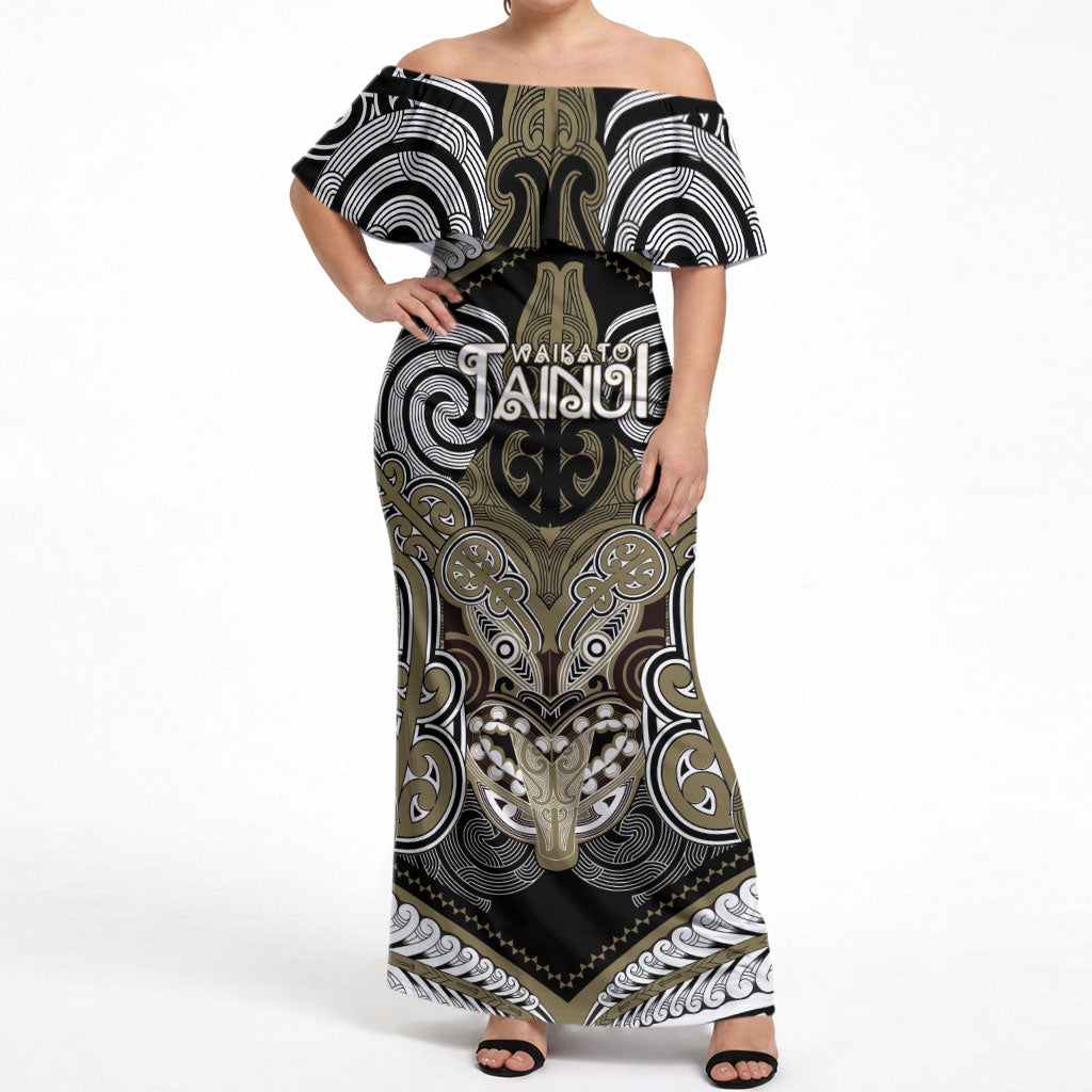 Aotearoa Iwi Waikato Tainui Personalised Off Shoulder Maxi Dress Maori Kowhaiwhai Pattern LT19 Women Dark Yellow - Polynesian Pride