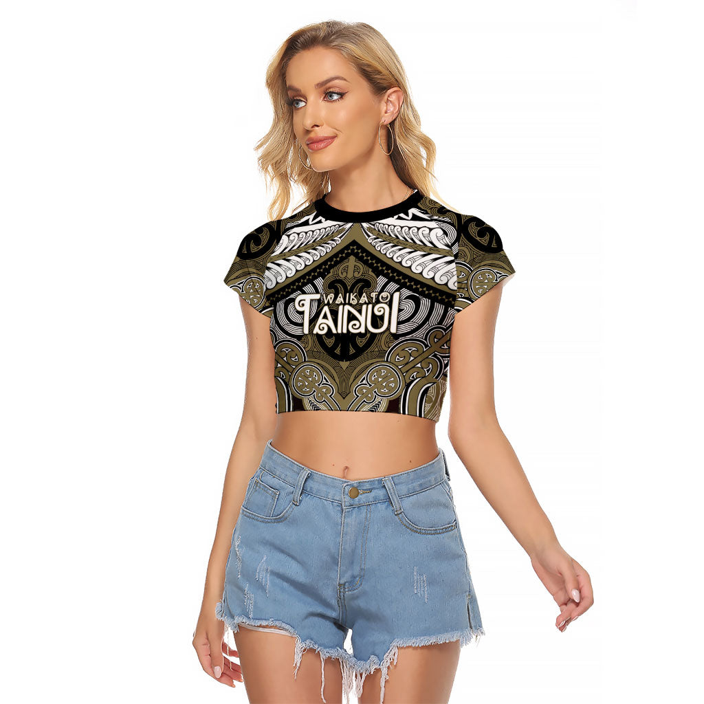 Aotearoa Iwi Waikato Tainui Personalised Raglan Cropped T Shirt Maori Kowhaiwhai Pattern LT19 Female Dark Yellow - Polynesian Pride