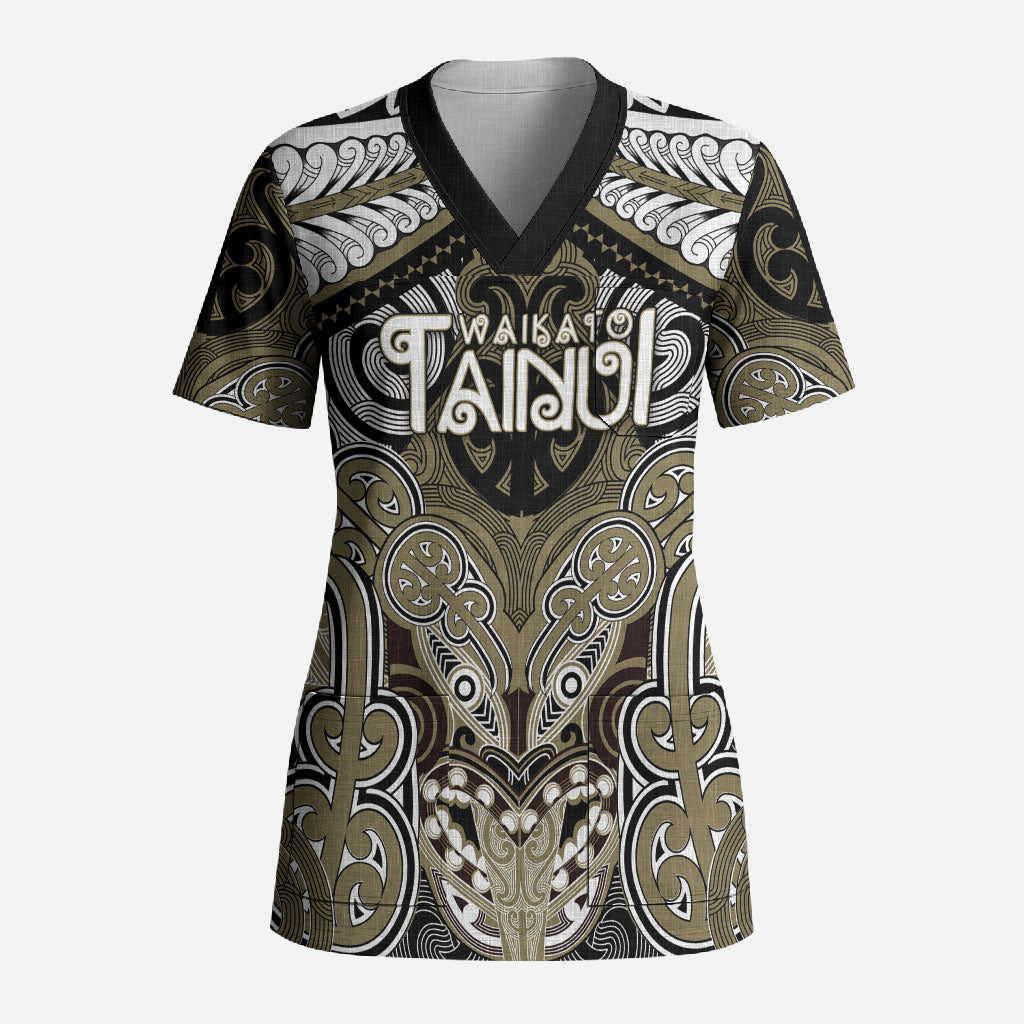 Aotearoa Iwi Waikato Tainui Personalised Scrub Top Maori Kowhaiwhai Pattern LT19 Adult Dark Yellow - Polynesian Pride