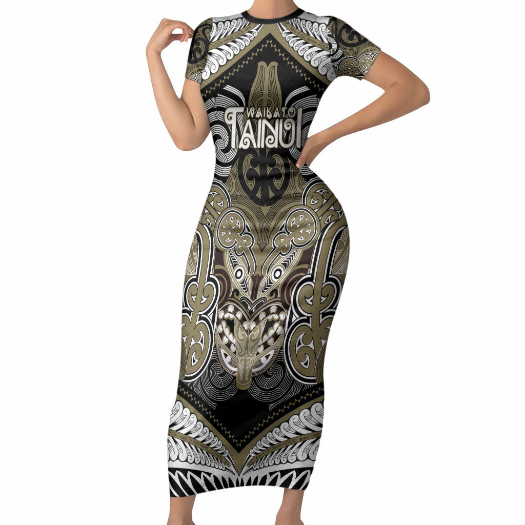 Aotearoa Iwi Waikato Tainui Personalised Short Sleeve Bodycon Dress Maori Kowhaiwhai Pattern LT19 Long Dress Dark Yellow - Polynesian Pride