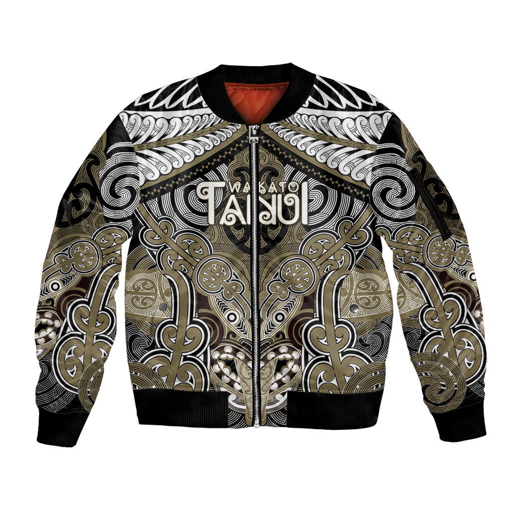 Aotearoa Iwi Waikato Tainui Personalised Sleeve Zip Bomber Jacket Maori Kowhaiwhai Pattern LT19 Unisex Dark Yellow - Polynesian Pride