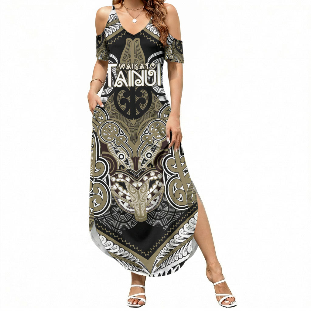 Aotearoa Iwi Waikato Tainui Personalised Summer Maxi Dress Maori Kowhaiwhai Pattern LT19 Women Dark Yellow - Polynesian Pride