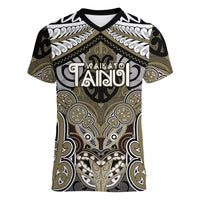 Aotearoa Iwi Waikato Tainui Personalised Women V-Neck T-Shirt Maori Kowhaiwhai Pattern LT19 Female Dark Yellow - Polynesian Pride
