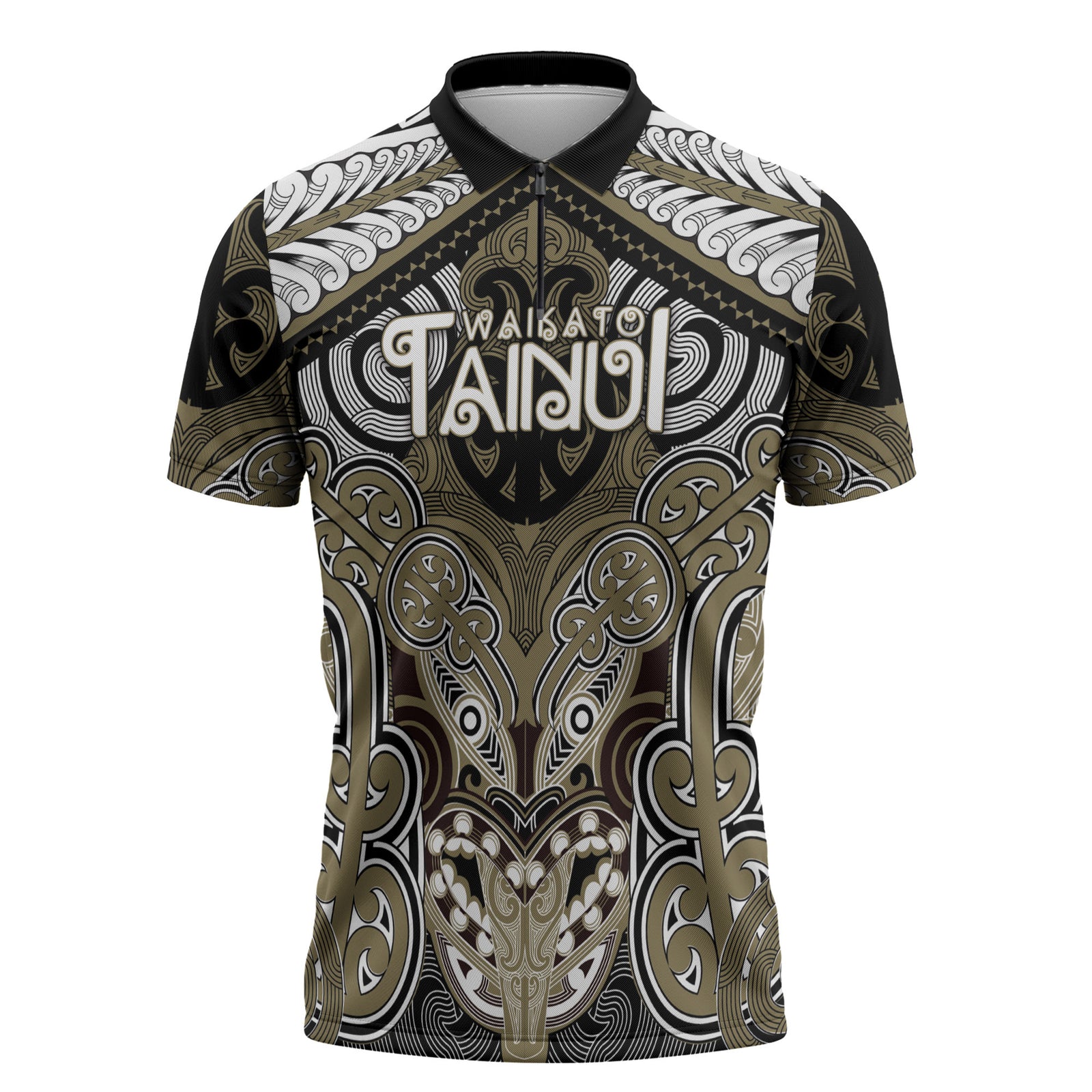 Aotearoa Iwi Waikato Tainui Personalised Zipper Polo Shirt Maori Kowhaiwhai Pattern LT19 Dark Yellow - Polynesian Pride