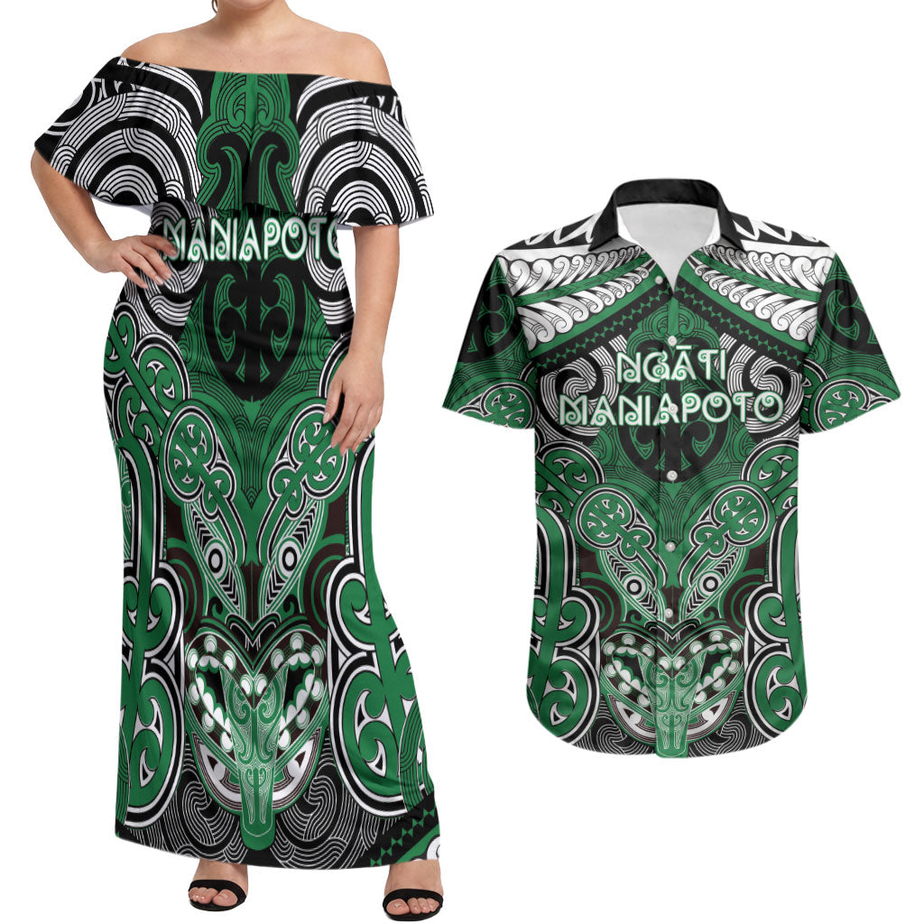 Aotearoa Iwi Ngati Maniapoto Personalised Couples Matching Off Shoulder Maxi Dress and Hawaiian Shirt Maori Kowhaiwhai Pattern LT19 Green - Polynesian Pride