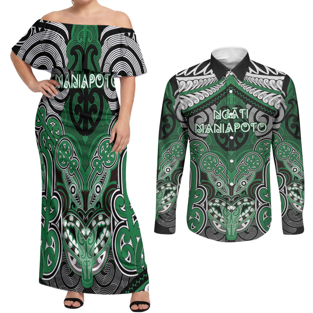 Aotearoa Iwi Ngati Maniapoto Personalised Couples Matching Off Shoulder Maxi Dress and Long Sleeve Button Shirt Maori Kowhaiwhai Pattern LT19 Green - Polynesian Pride