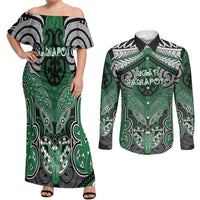 Aotearoa Iwi Ngati Maniapoto Personalised Couples Matching Off Shoulder Maxi Dress and Long Sleeve Button Shirt Maori Kowhaiwhai Pattern LT19 Green - Polynesian Pride