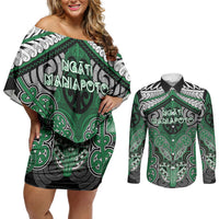 Aotearoa Iwi Ngati Maniapoto Personalised Couples Matching Off Shoulder Short Dress and Long Sleeve Button Shirt Maori Kowhaiwhai Pattern LT19 Green - Polynesian Pride