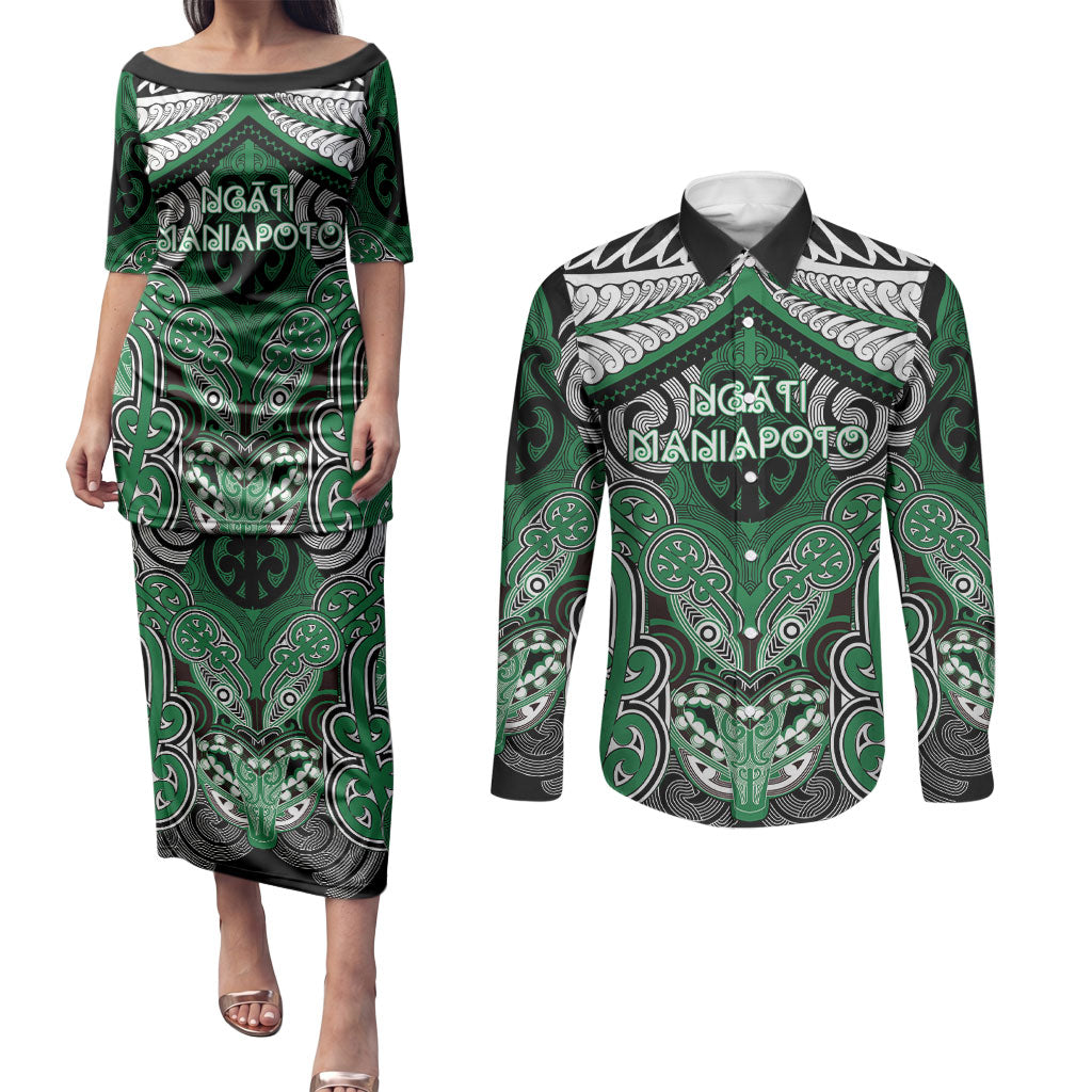 Aotearoa Iwi Ngati Maniapoto Personalised Couples Matching Puletasi and Long Sleeve Button Shirt Maori Kowhaiwhai Pattern LT19 Green - Polynesian Pride