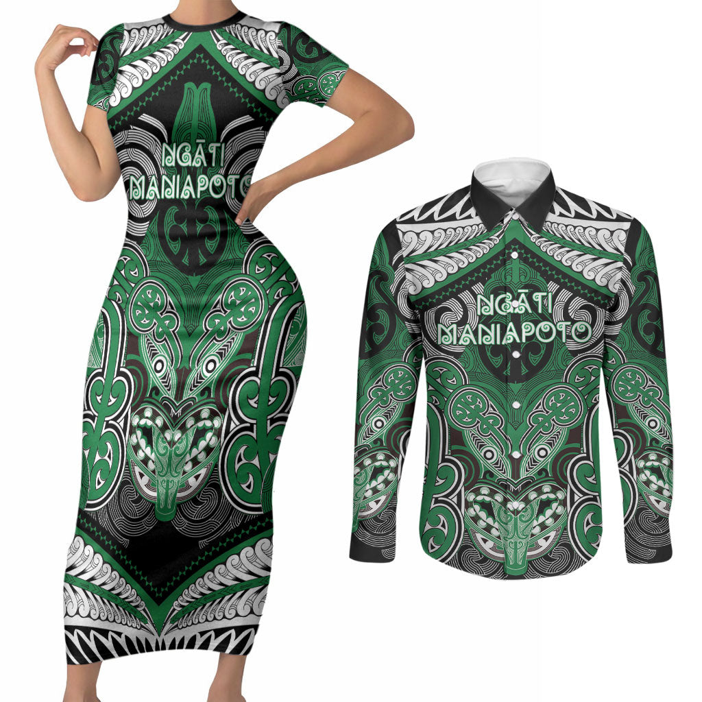 Aotearoa Iwi Ngati Maniapoto Personalised Couples Matching Short Sleeve Bodycon Dress and Long Sleeve Button Shirt Maori Kowhaiwhai Pattern LT19 Green - Polynesian Pride