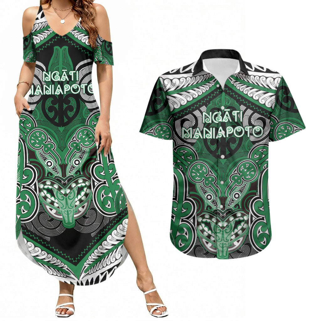 Aotearoa Iwi Ngati Maniapoto Personalised Couples Matching Summer Maxi Dress and Hawaiian Shirt Maori Kowhaiwhai Pattern LT19 Green - Polynesian Pride