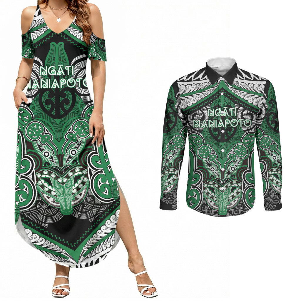 Aotearoa Iwi Ngati Maniapoto Personalised Couples Matching Summer Maxi Dress and Long Sleeve Button Shirt Maori Kowhaiwhai Pattern LT19 Green - Polynesian Pride