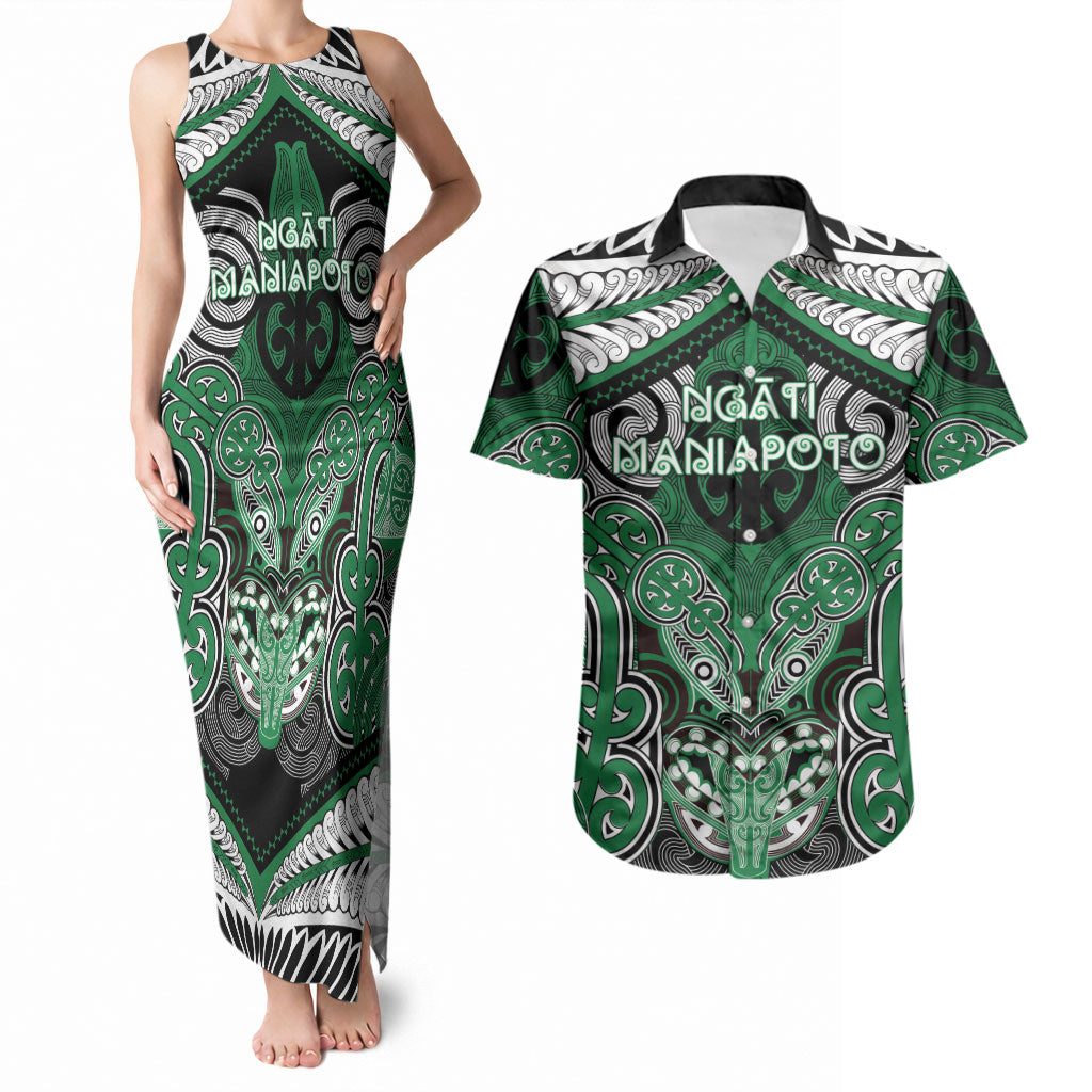 Aotearoa Iwi Ngati Maniapoto Personalised Couples Matching Tank Maxi Dress and Hawaiian Shirt Maori Kowhaiwhai Pattern LT19 Green - Polynesian Pride