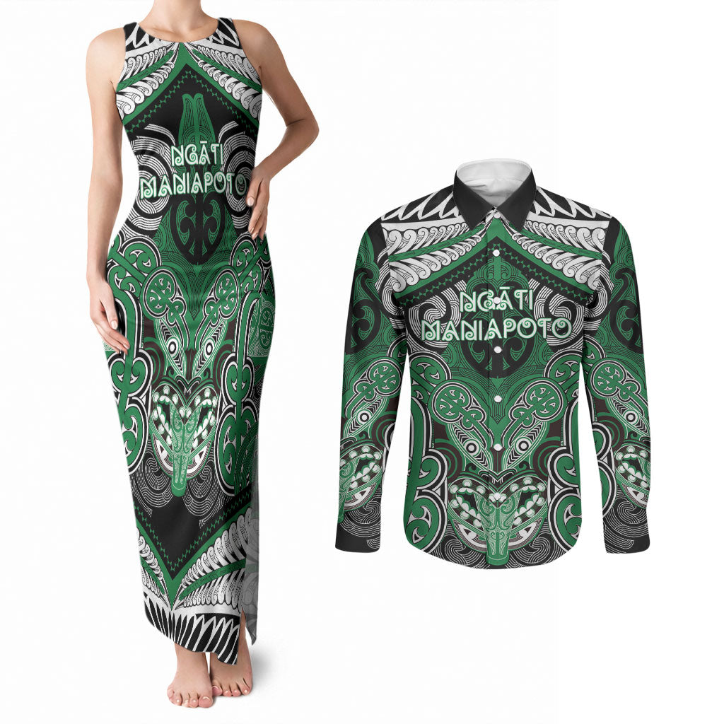 Aotearoa Iwi Ngati Maniapoto Personalised Couples Matching Tank Maxi Dress and Long Sleeve Button Shirt Maori Kowhaiwhai Pattern LT19 Green - Polynesian Pride