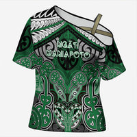 Aotearoa Iwi Ngati Maniapoto Personalised Cross Shoulder Shirt Maori Kowhaiwhai Pattern LT19 Female Green - Polynesian Pride