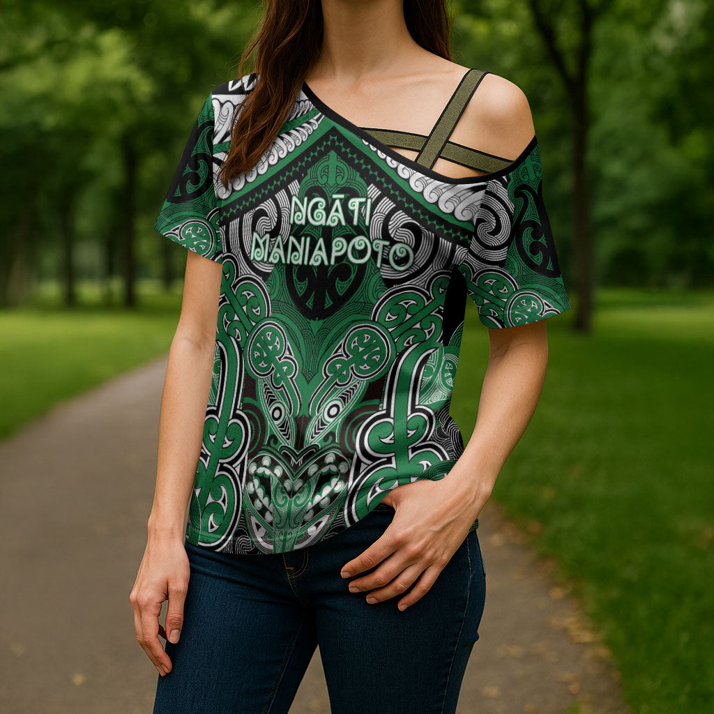 Aotearoa Iwi Ngati Maniapoto Personalised Cross Shoulder Shirt Maori Kowhaiwhai Pattern LT19 - Polynesian Pride
