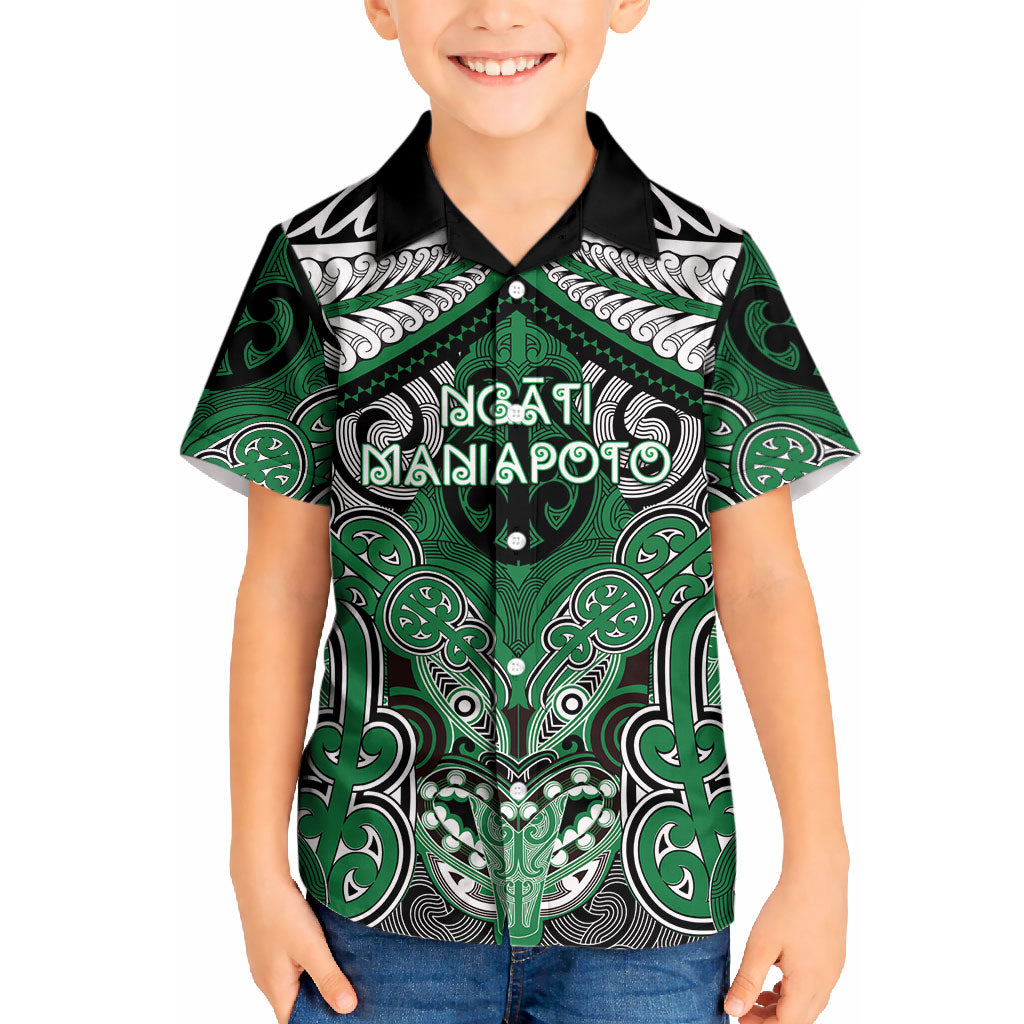 Aotearoa Iwi Ngati Maniapoto Personalised Kid Hawaiian Shirt Maori Kowhaiwhai Pattern LT19 Kid Green - Polynesian Pride