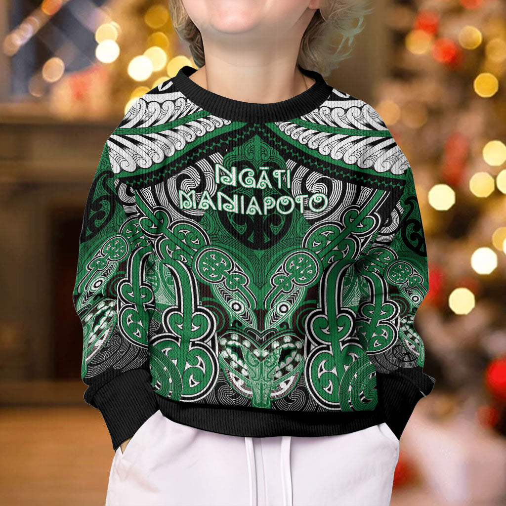 Aotearoa Iwi Ngati Maniapoto Personalised Kid Ugly Christmas Sweater Maori Kowhaiwhai Pattern LT19 - Polynesian Pride