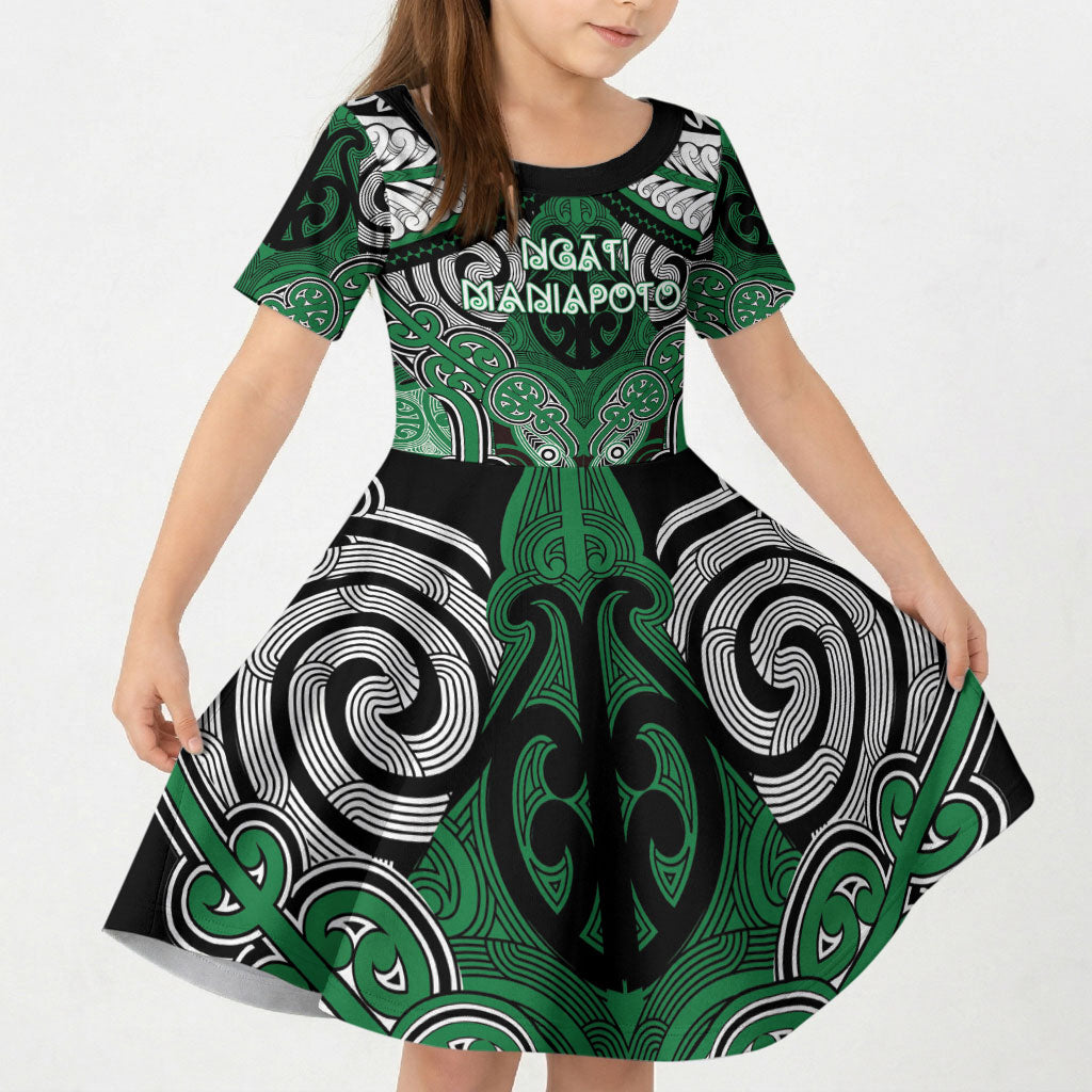 Aotearoa Iwi Ngati Maniapoto Personalised Kid Short Sleeve Dress Maori Kowhaiwhai Pattern LT19 KID Green - Polynesian Pride