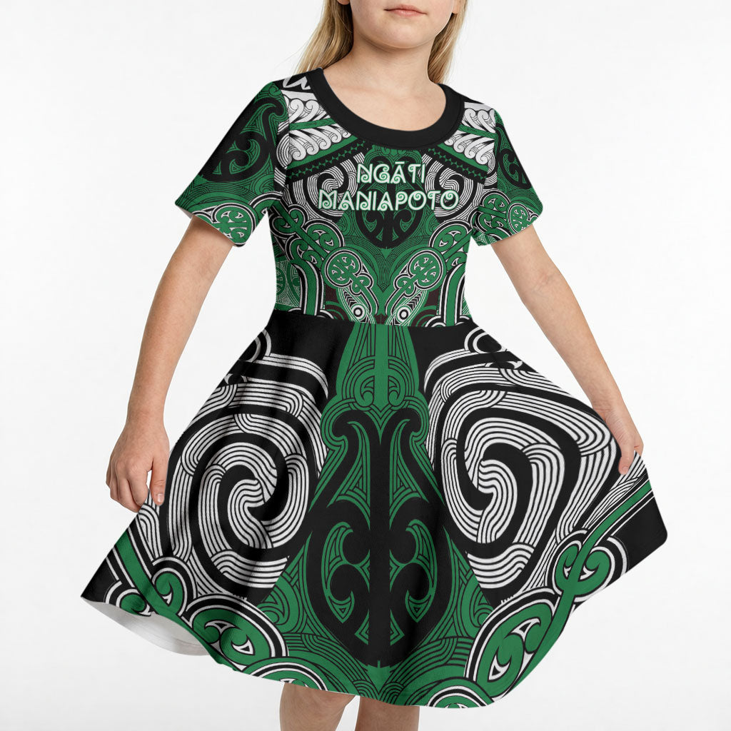Aotearoa Iwi Ngati Maniapoto Personalised Kid Short Sleeve Dress Maori Kowhaiwhai Pattern LT19 - Polynesian Pride