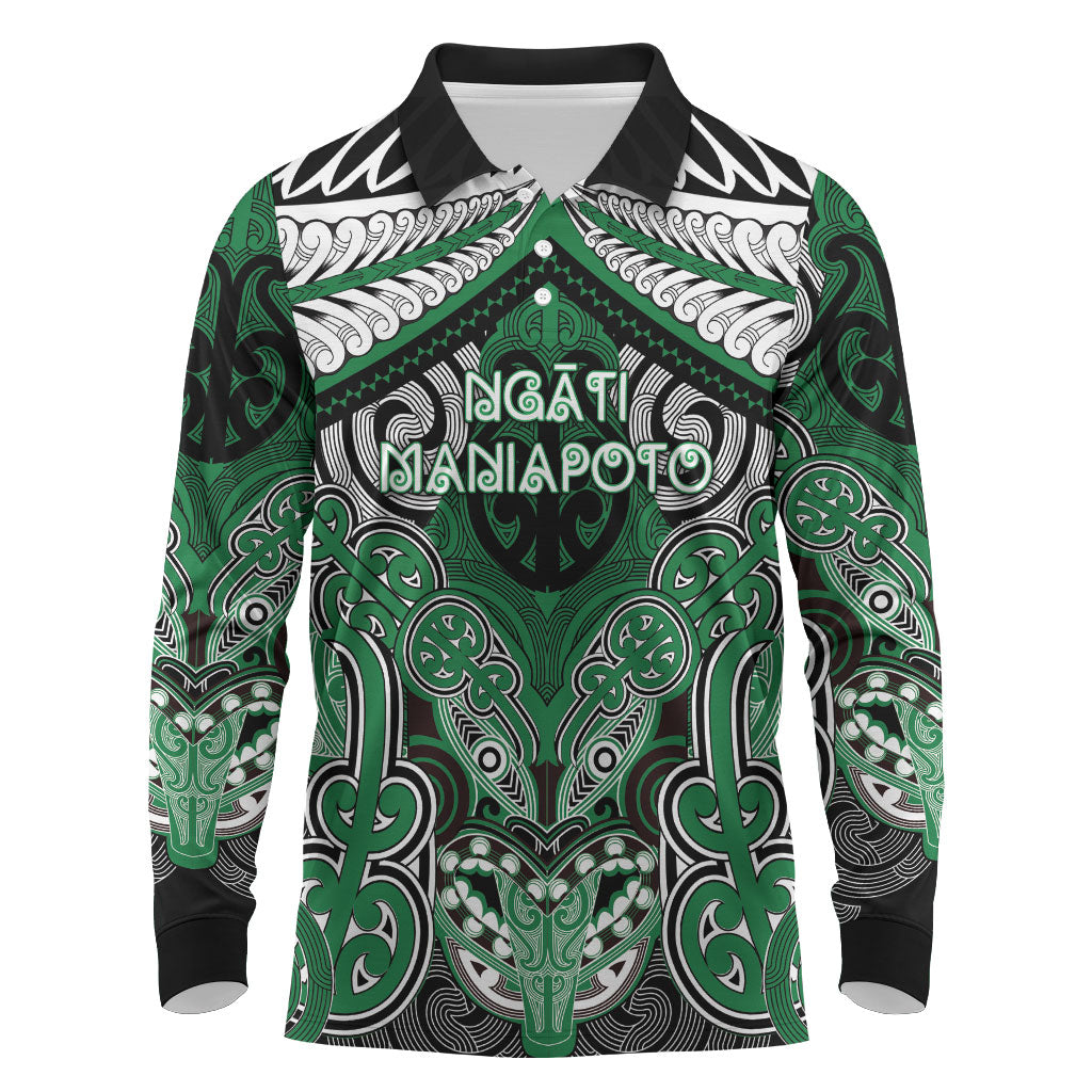 Aotearoa Iwi Ngati Maniapoto Personalised Long Sleeve Polo Shirt Maori Kowhaiwhai Pattern LT19 Green - Polynesian Pride