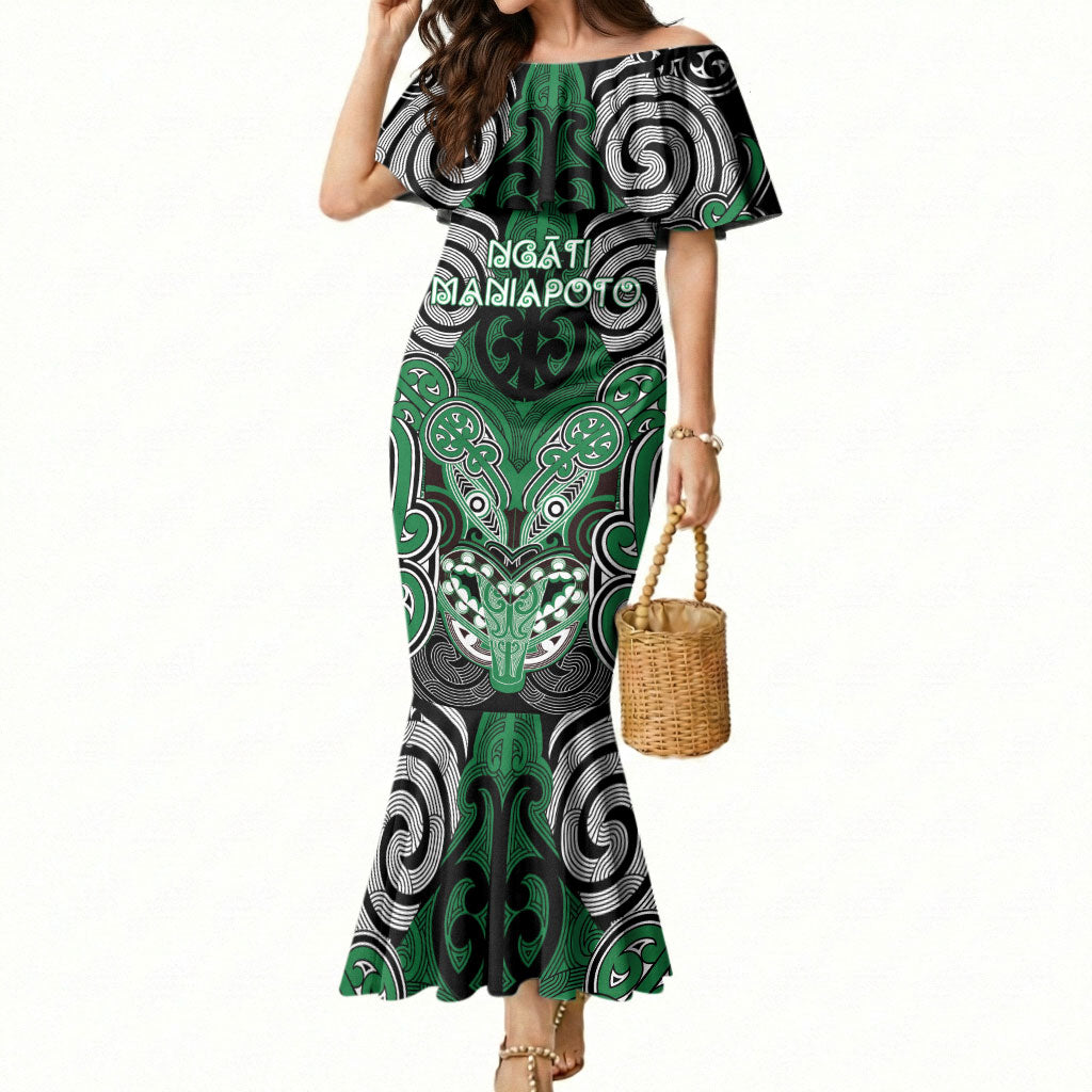 Aotearoa Iwi Ngati Maniapoto Personalised Mermaid Dress Maori Kowhaiwhai Pattern LT19 Women Green - Polynesian Pride