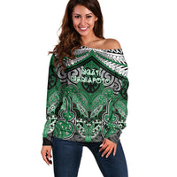 Aotearoa Iwi Ngati Maniapoto Personalised Off Shoulder Sweater Maori Kowhaiwhai Pattern LT19 Women Green - Polynesian Pride
