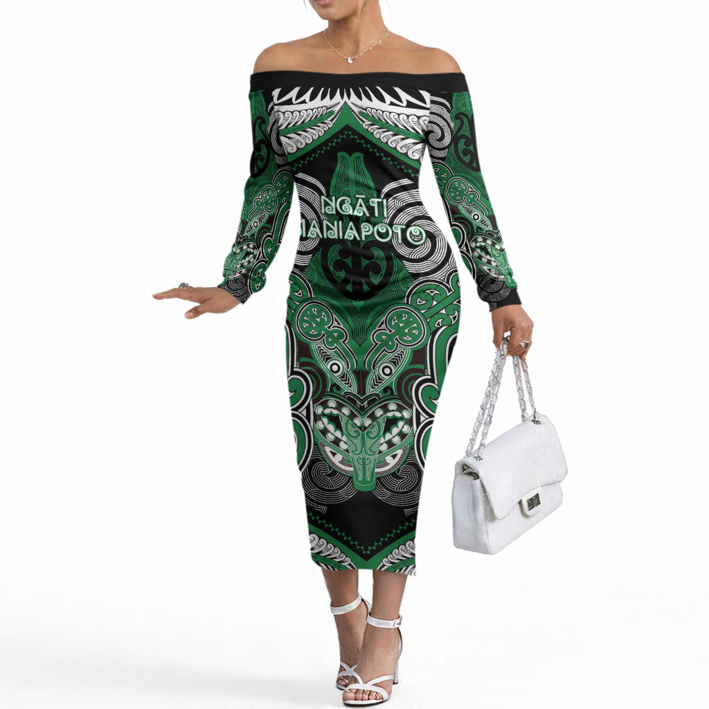 Aotearoa Iwi Ngati Maniapoto Personalised Off The Shoulder Long Sleeve Dress Maori Kowhaiwhai Pattern LT19 Women Green - Polynesian Pride
