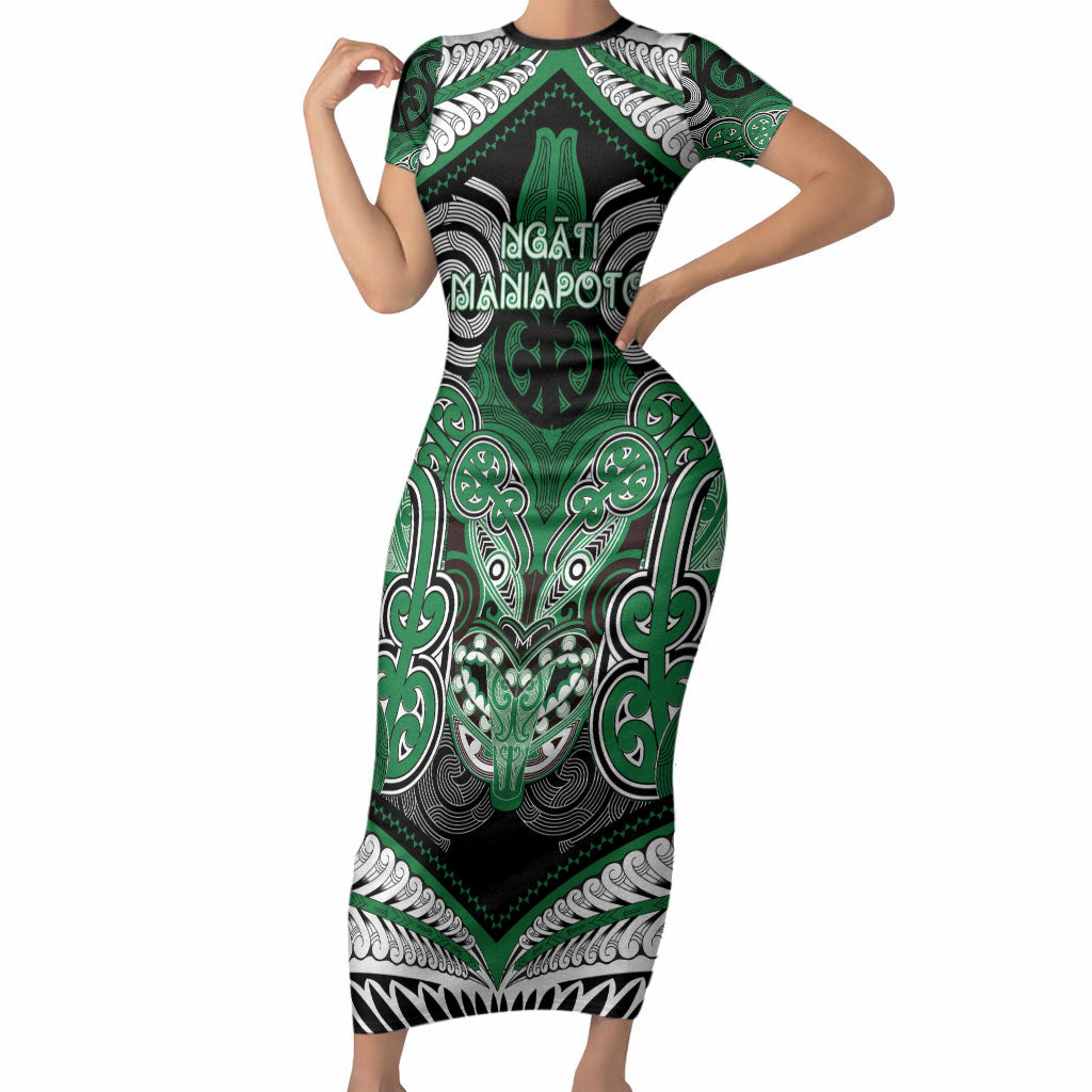 Aotearoa Iwi Ngati Maniapoto Personalised Short Sleeve Bodycon Dress Maori Kowhaiwhai Pattern LT19 Long Dress Green - Polynesian Pride