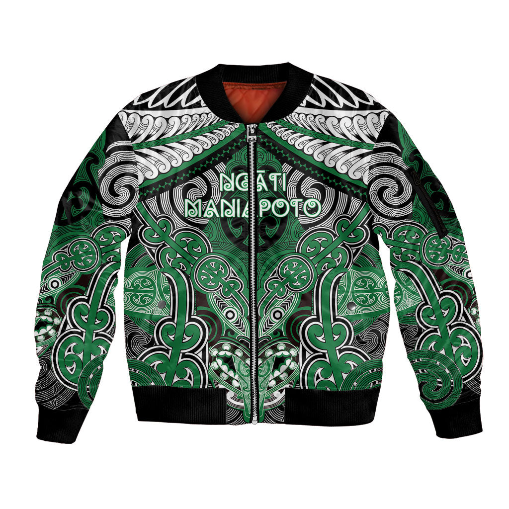 Aotearoa Iwi Ngati Maniapoto Personalised Sleeve Zip Bomber Jacket Maori Kowhaiwhai Pattern LT19 Unisex Green - Polynesian Pride