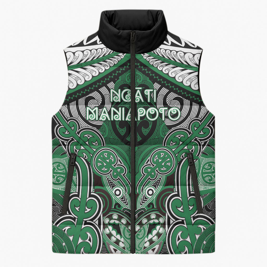 Aotearoa Iwi Ngati Maniapoto Personalised Sleeveless Puffer Jacket Maori Kowhaiwhai Pattern LT19 Unisex Green - Polynesian Pride