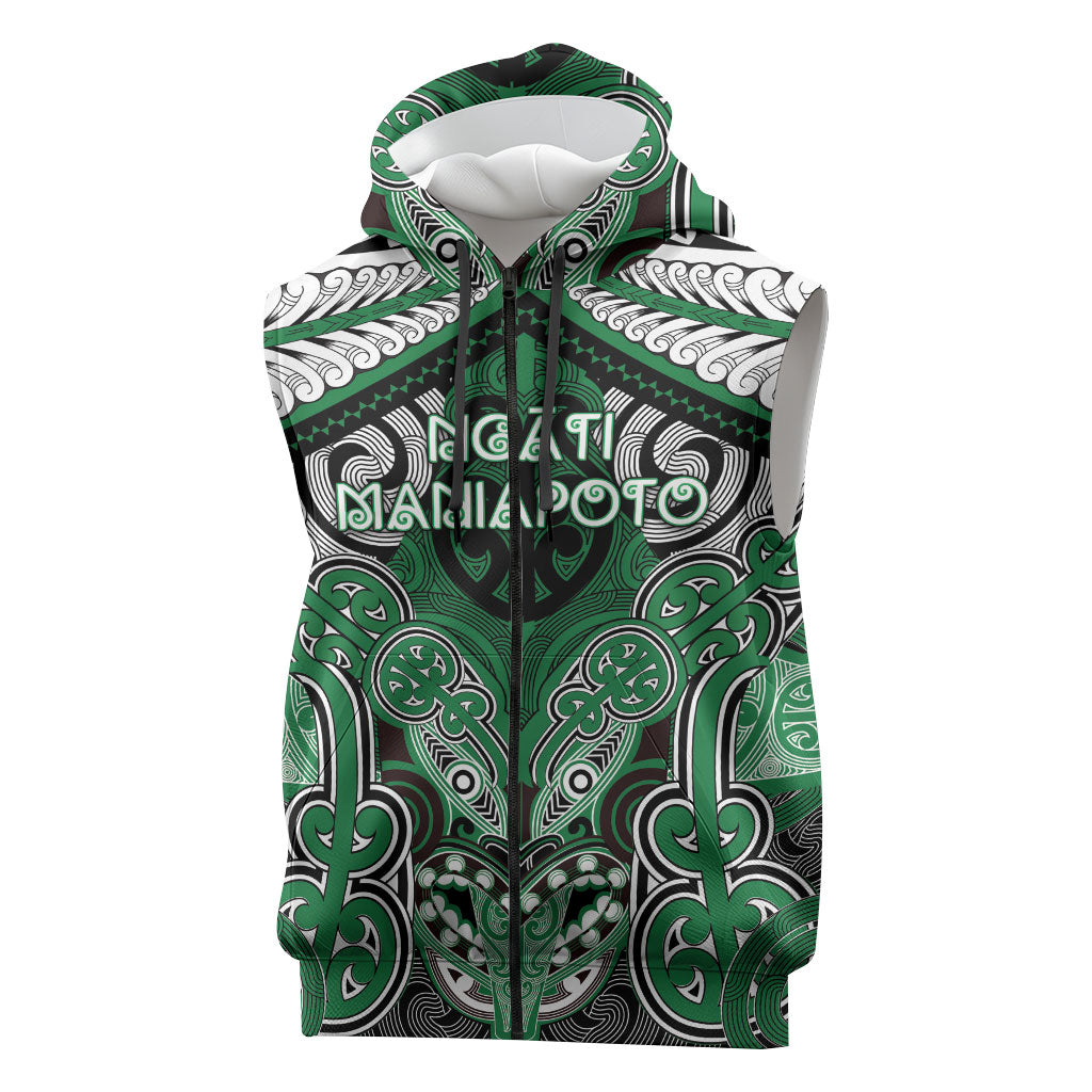 Aotearoa Iwi Ngati Maniapoto Personalised Sleeveless Zip Hoodie Maori Kowhaiwhai Pattern LT19 Green - Polynesian Pride