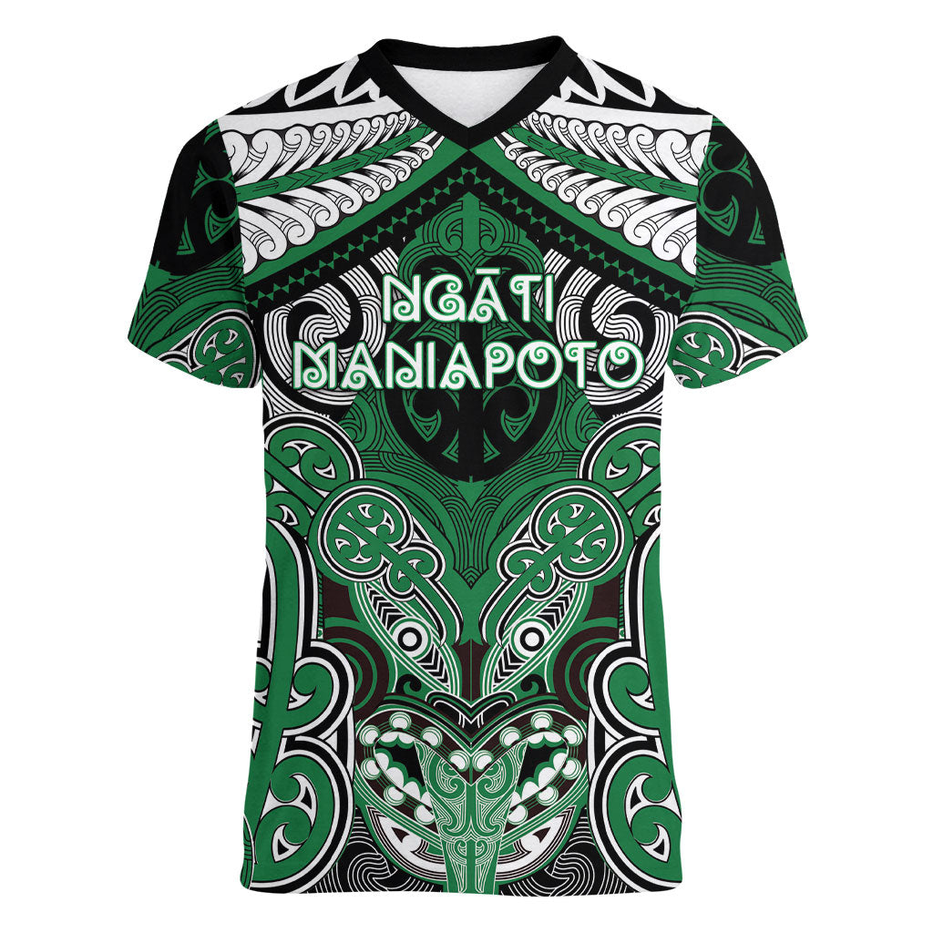 Aotearoa Iwi Ngati Maniapoto Personalised Women V-Neck T-Shirt Maori Kowhaiwhai Pattern LT19 Female Green - Polynesian Pride