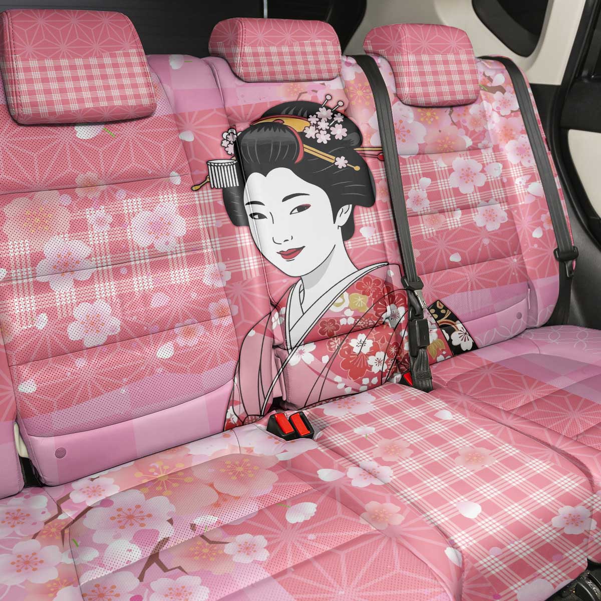 Japanese Geisha Cherry Blossom Back Car Seat Cover Pink Palaka Hawaii Pattern Fusion Design