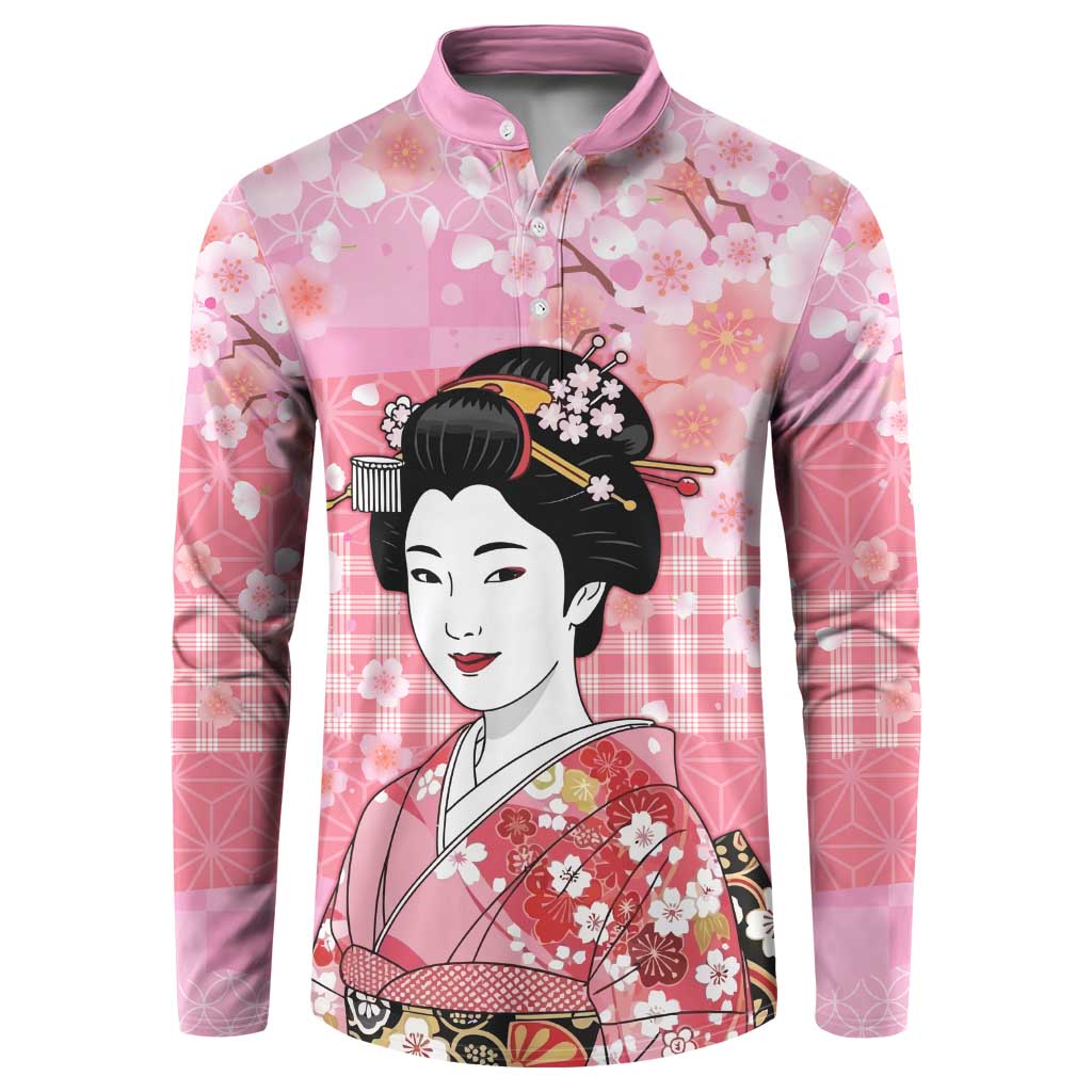 Japanese Geisha Cherry Blossom Button Sweatshirt Pink Palaka Hawaii Pattern Fusion Design