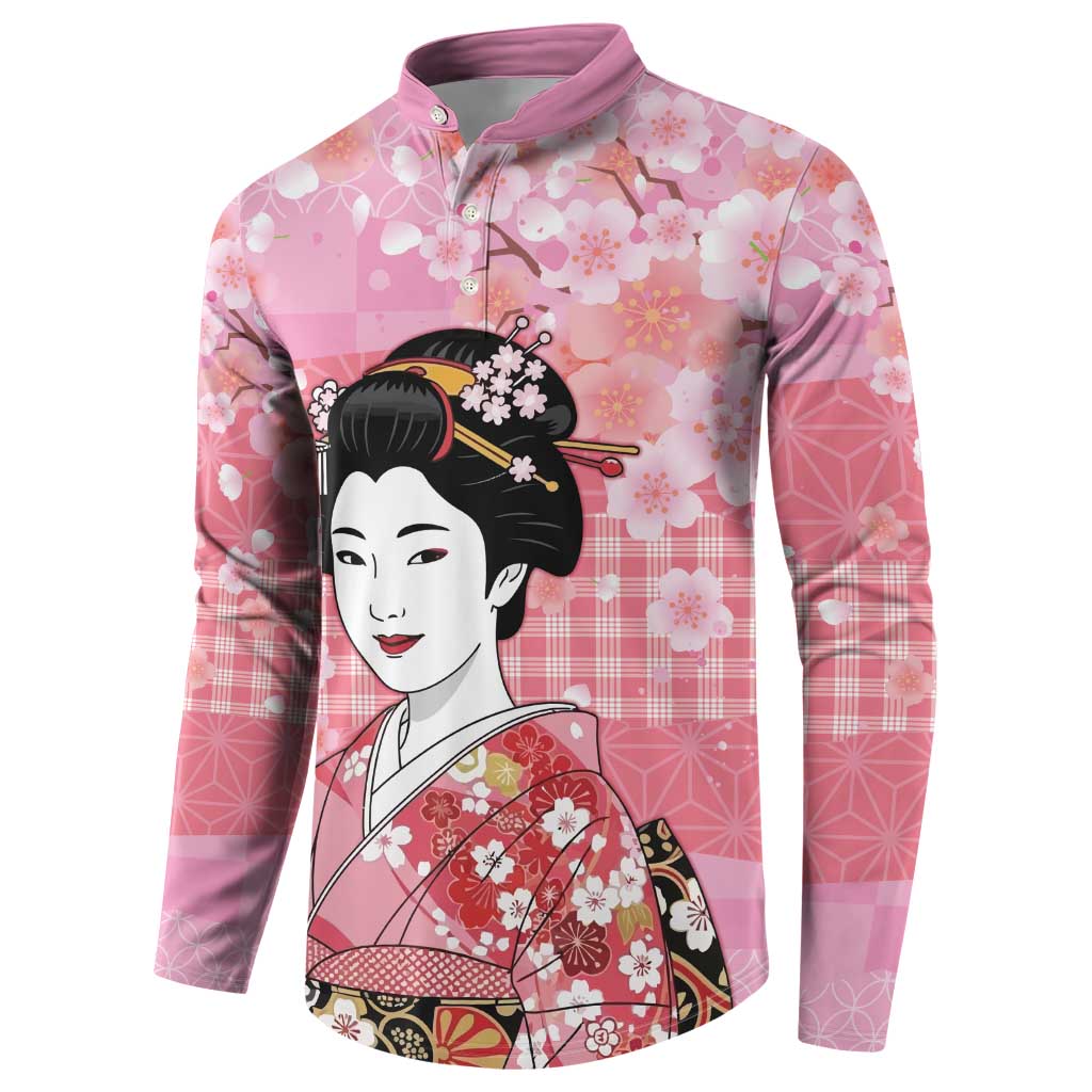Japanese Geisha Cherry Blossom Button Sweatshirt Pink Palaka Hawaii Pattern Fusion Design