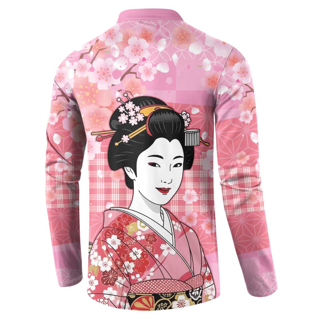 Japanese Geisha Cherry Blossom Button Sweatshirt Pink Palaka Hawaii Pattern Fusion Design