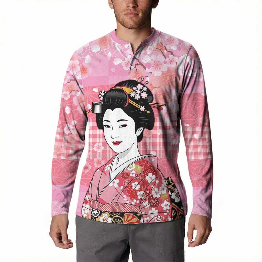 Japanese Geisha Cherry Blossom Button Sweatshirt Pink Palaka Hawaii Pattern Fusion Design