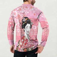 Japanese Geisha Cherry Blossom Button Sweatshirt Pink Palaka Hawaii Pattern Fusion Design