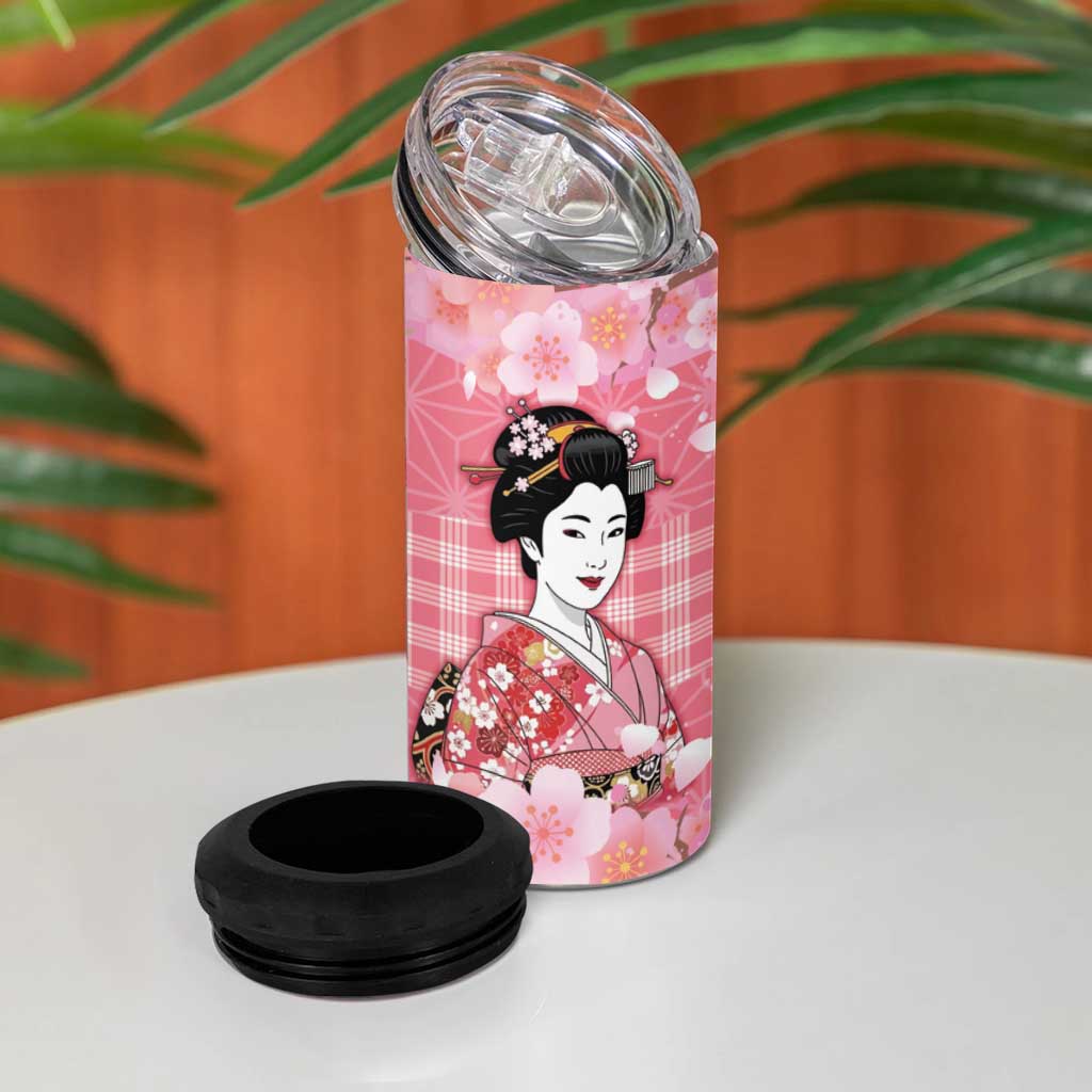 Japanese Geisha Cherry Blossom 4 in 1 Can Cooler Tumbler Pink Palaka Hawaii Pattern Fusion Design LT19 - Polynesian Pride